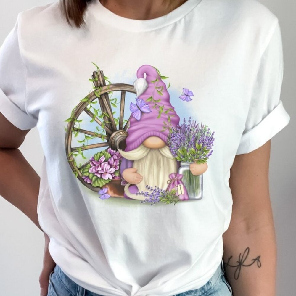 Lavender Gnome Shirt, Summer Purple Flower Gnome T-Shirt